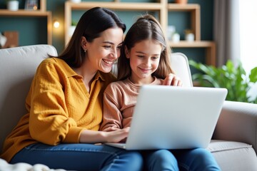 A Heartwarming Moment Between a Mother and Daughter as They Share Laughter and Learning Together While Using a Laptop in Their Cozy Living Room