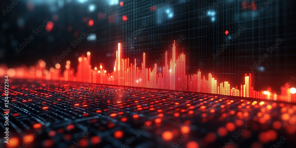 Poster visual representation of data analysis with bright red and orange digital patterns on a dark grid ba
