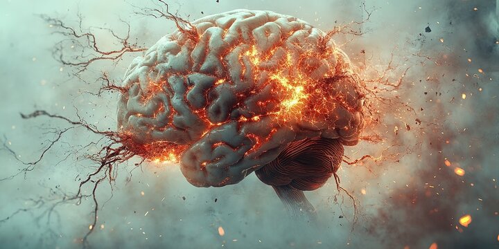 Explosive energy radiates from a brain surrounded by fiery sparks in a surreal landscape