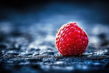 A single raspberry sits atop a dark surface, ready for consumption