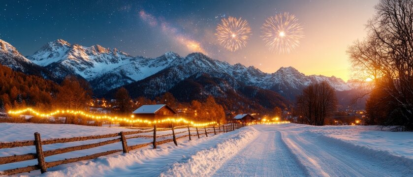 Snowy road with fence surrounded by snowy landscape and fireworks in the night sky