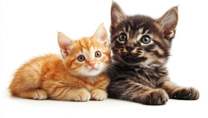 Obraz premium Adorable orange and brown kittens playfully resting together on a white background with curious expressions and cute furry features