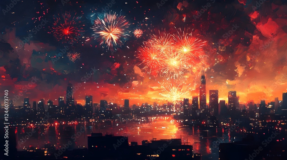 Poster Mesmerizing display of vibrant colorful fireworks exploding over a captivating urban skyline creating a stunning visual spectacle and a breathtaking of the night