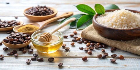 Fototapeta premium Luxurious Spa Treatment Ingredients Featuring Honey, Coffee Beans, and Aromatic Salts