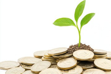 Small Green Plant Growing From Pile of Coins on Clean White Background