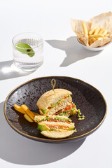 Gourmet Asian Bao Burger with Fries in Modern Minimalist Setting