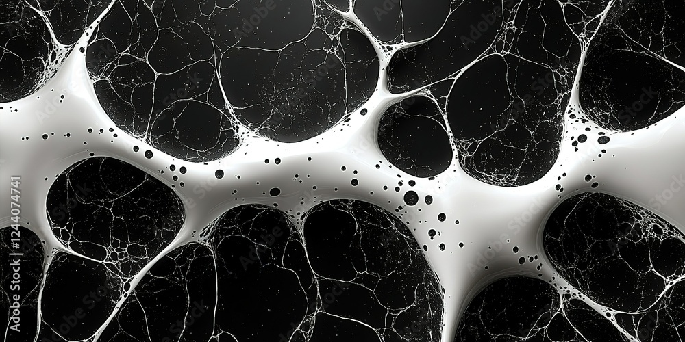 Poster intricate patterns of black and white shapes resembling cellular structures observed under a microsc