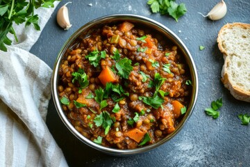 Hearty lentil stew with diced vegetables and fresh parsley in a metal bowl, set on a textured blue-gray surface