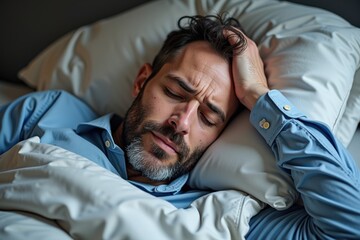 A weary middle-aged man struggling with insomnia, lying in bed while holding his forehead, showcasing the emotional and physical toll of sleepless nights in a cozy bedroom setting.