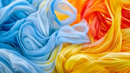 Colorful Swirls of Fabric in Blue, Yellow, Red and Orange Tones