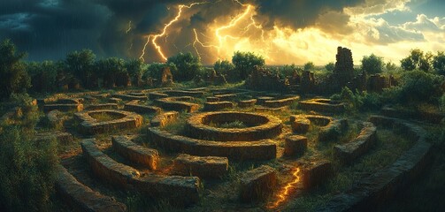 Mysterious ancient ruins illuminated by lightning during a storm at dusk