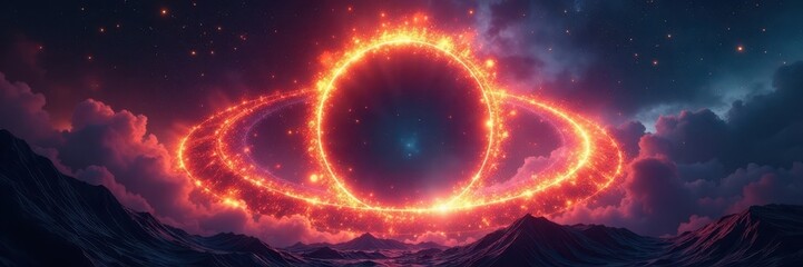 Obraz premium Luminous portal, blazing circles, elemental forces, dark void , orange, bright