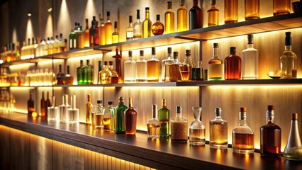Illuminated Bar Back with an Array of Varied Spirits and Liqueurs