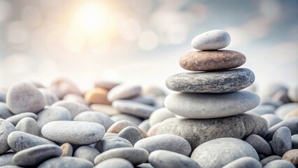Serene Stack of Smooth Stones on a Pebble Beach at Sunset
