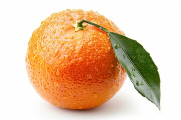 A close-up of a fresh, dewy orange with a vibrant color and a green leaf, perfect for food blogs, healthy eating articles, or marketing campaigns focused on freshness and nutrition,