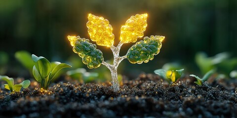 Growing plant illuminated with soft light in rich soil with green sprouts around during twilight