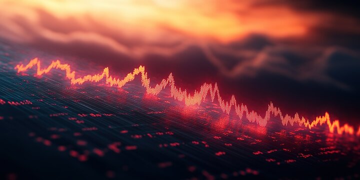 Data analysis shows market fluctuation trends at sunset over a digital landscape with a colorful sky