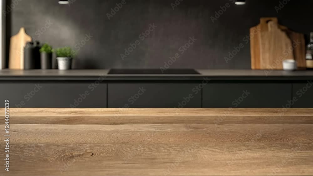 Poster wooden table in a modern style kitchen with a blurred background, creating a perfect space for showc