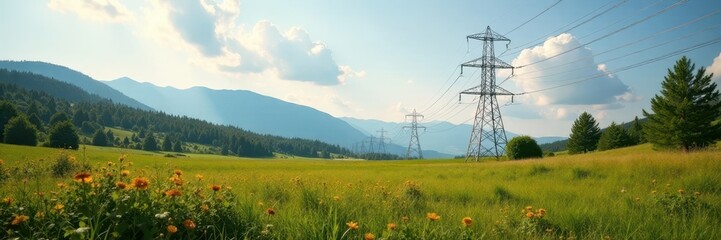 Modern electricity pylons seamlessly integrated into a picturesque natural landscape , energy transmission, sustainable solutions