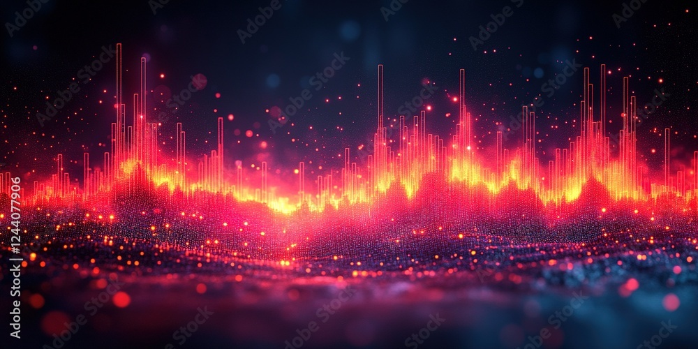 Poster dynamic visual representation of sound waves in vibrant colors with glowing particles and intricate 