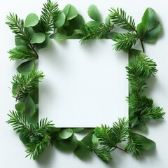 Square white blank paper card framed by lush green branches on a clean white background, copy space for text.
