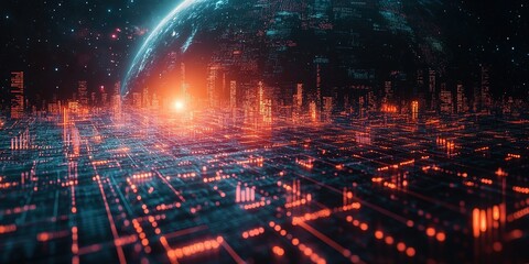 Obraz premium Exploring a futuristic cityscape with glowing grids and a distant planet in space at sunrise
