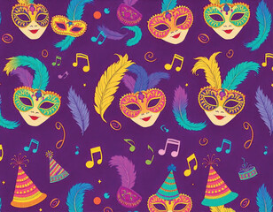 carnival mask and feathers. vector seamless pattern.