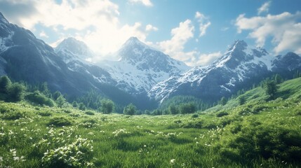Obraz premium Sunny Alpine Meadow, Snow-capped Peaks Background