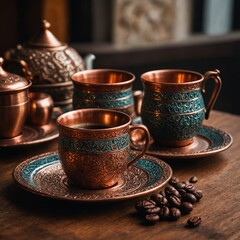 A vibrant Turkish coffee setup with a copper cezve and delicate patterned cups.