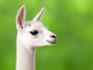Obraz premium A close-up portrait of a beautiful llama against a green blurred background, showcasing its unique expressions and features.