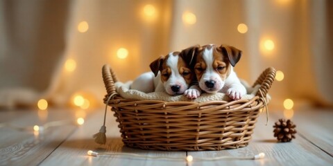 Two adorable puppies snuggling together in a cozy wicker basket, surrounded by warm, soft lighting creating a heartwarming scene.
