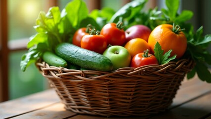 A basket brimming with freshly harvested fruits and vegetables, including oranges, tomatoes, cucumbers, and leafy greens, placed on a wooden table.