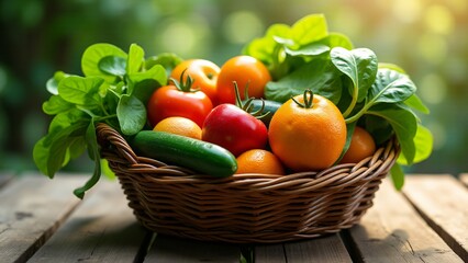 A basket brimming with freshly harvested fruits and vegetables, including oranges, tomatoes, cucumbers, and leafy greens, placed on a wooden table.