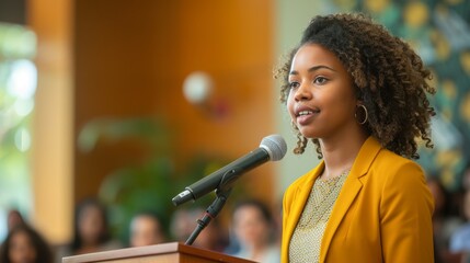 A confident young woman speaks at a podium, engaging an audience in a bright and lively setting, This image can be used for educational, motivational, or public speaking-related content,