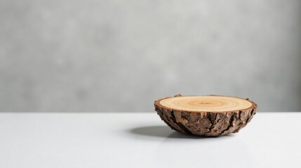Rustic Wooden Slice Display on Simple White Surface Against Neutral Background, Ideal for Product Presentation or Minimalist Design Concepts
