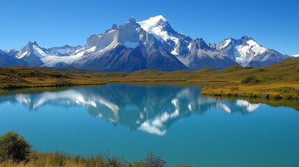 Patagonian lake reflects snowy peaks, clear sky