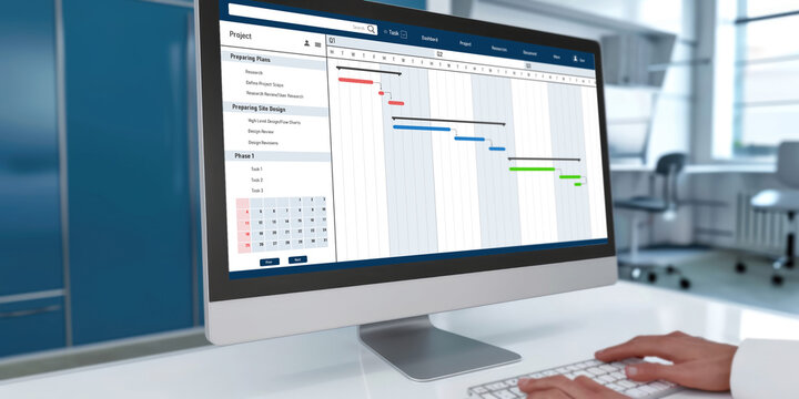 Project planning software for brisk business project management on the computer screen showing timeline chart of the team project