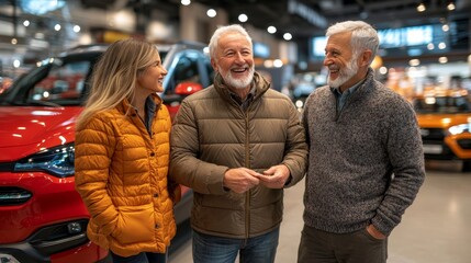 Fototapeta premium Happy Couple Consulting With Car Salesman At Dealership, Considering New Vehicle Purchase.