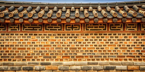 Obraz premium Intricate Brick Wall with Ornate Roof Detailing and Geometric Patterns