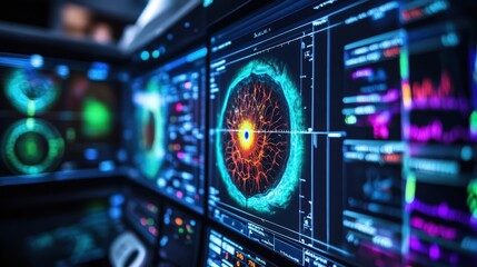 Obraz premium The image portrays a vibrant highresolution scan output displayed on a touchscreen interface of the retina scanning device. Colorful images of retinal structures and pathologies are
