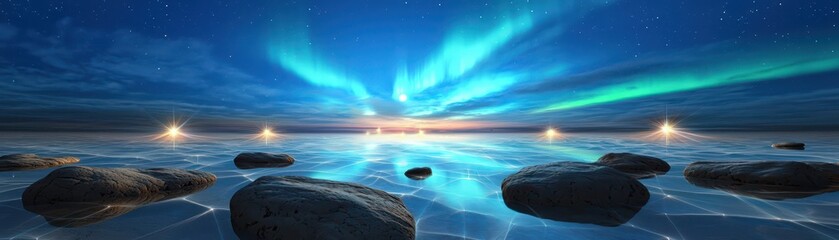 Aurora borealis illuminates serene waters arctic region landscape photography nighttime panoramic view
