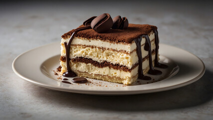 Delicious piece of tiramisu cake on a plate, perfect for food blogs, restaurant menus, dessert recipes, and social media posts