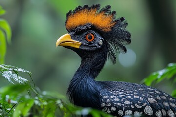 Fototapeta premium Bare-faced curassow bird with black and orange head standing in dense green foliage