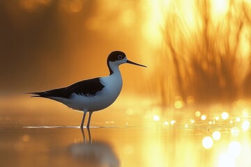 Black-necked stilt wading in shallow water with nearby bird standing on the surface