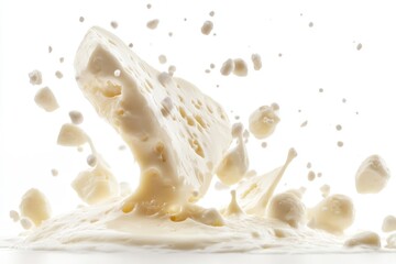A piece of cheese falling into a bowl of milk, great for food or science illustrations