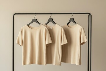 Three beige t-shirts on black metal rack. Neural network AI generated