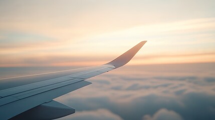 dynamic close-up of airplane winglet illuminated by sunlight with clouds softly blurred in background and generous