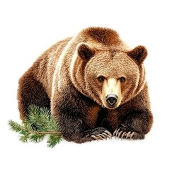 Obraz premium Majestic Brown Bear Resting with Pine Branch in Natural Setting