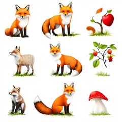 Fototapeta premium Whimsical Fox Illustrations with Nature Elements and Fungi
