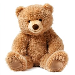 Obraz premium Cute Plush Teddy Bear Sitting on White Background Smiling Joyfully